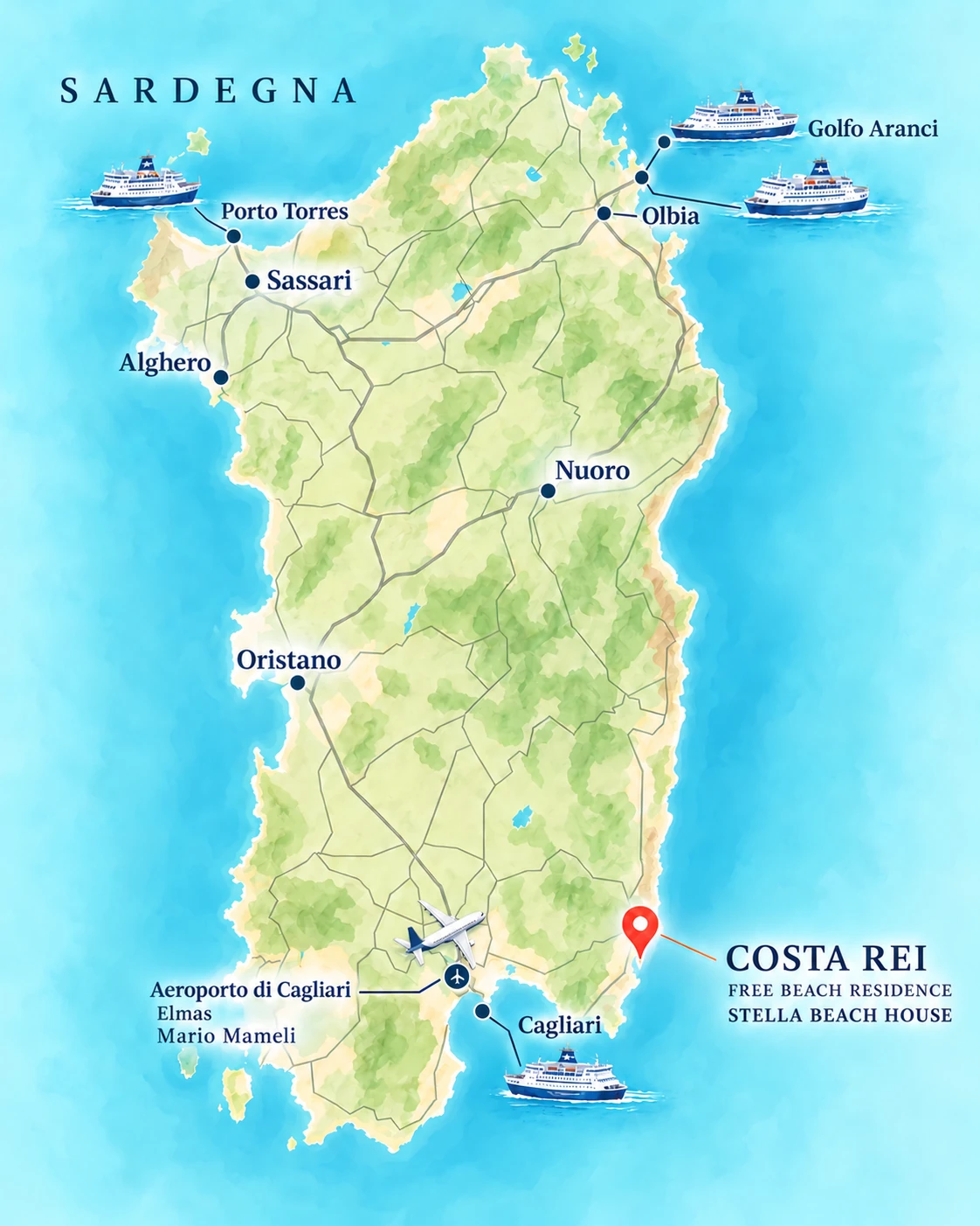 Cartina della Sardegna con Costa Rei e Stella Beach House evidenziate sulla costa sud-orientale, i porti di Porto Torres, Olbia, Golfo Aranci e Cagliari e l’aeroporto di Cagliari-Elmas