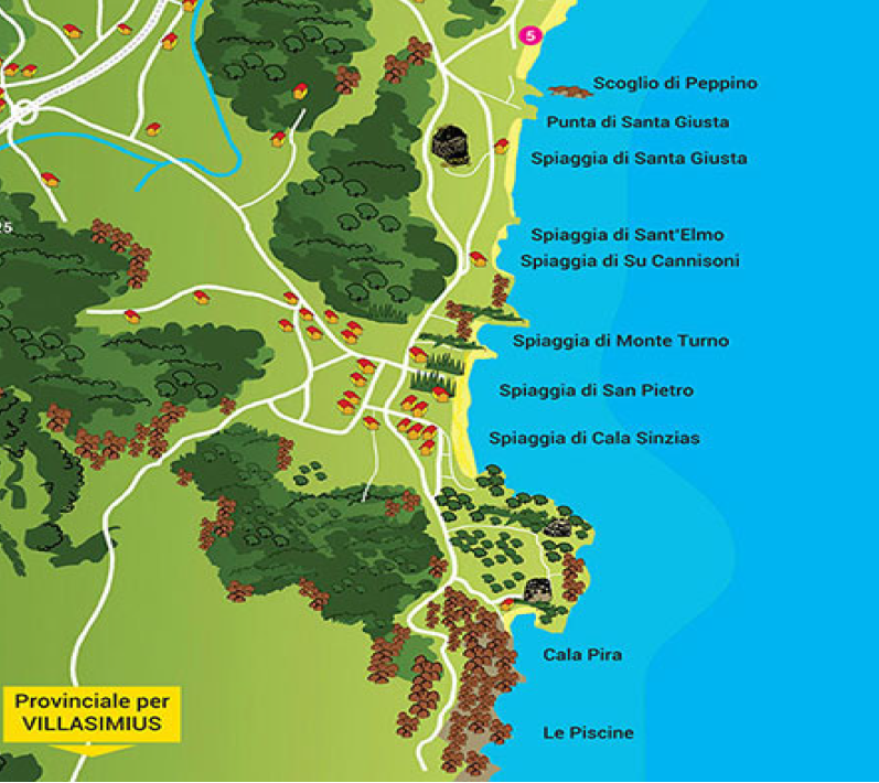 Cartina: Le spiagge verso Castiadas
